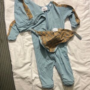 Burberry Light Blue Footed One-Piece with Beige Check Trim